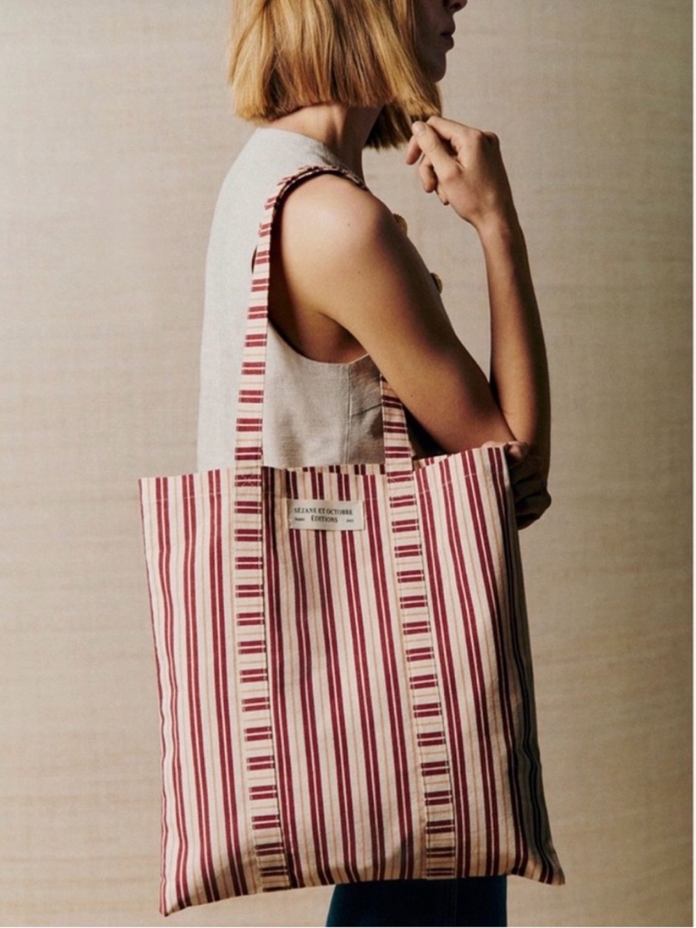 Sezane Striped Canvas Tote Bag in Burgundy and Cream